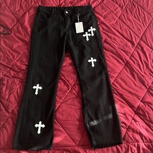 Fashion Nova Black Corduroy Pants with White Crosses